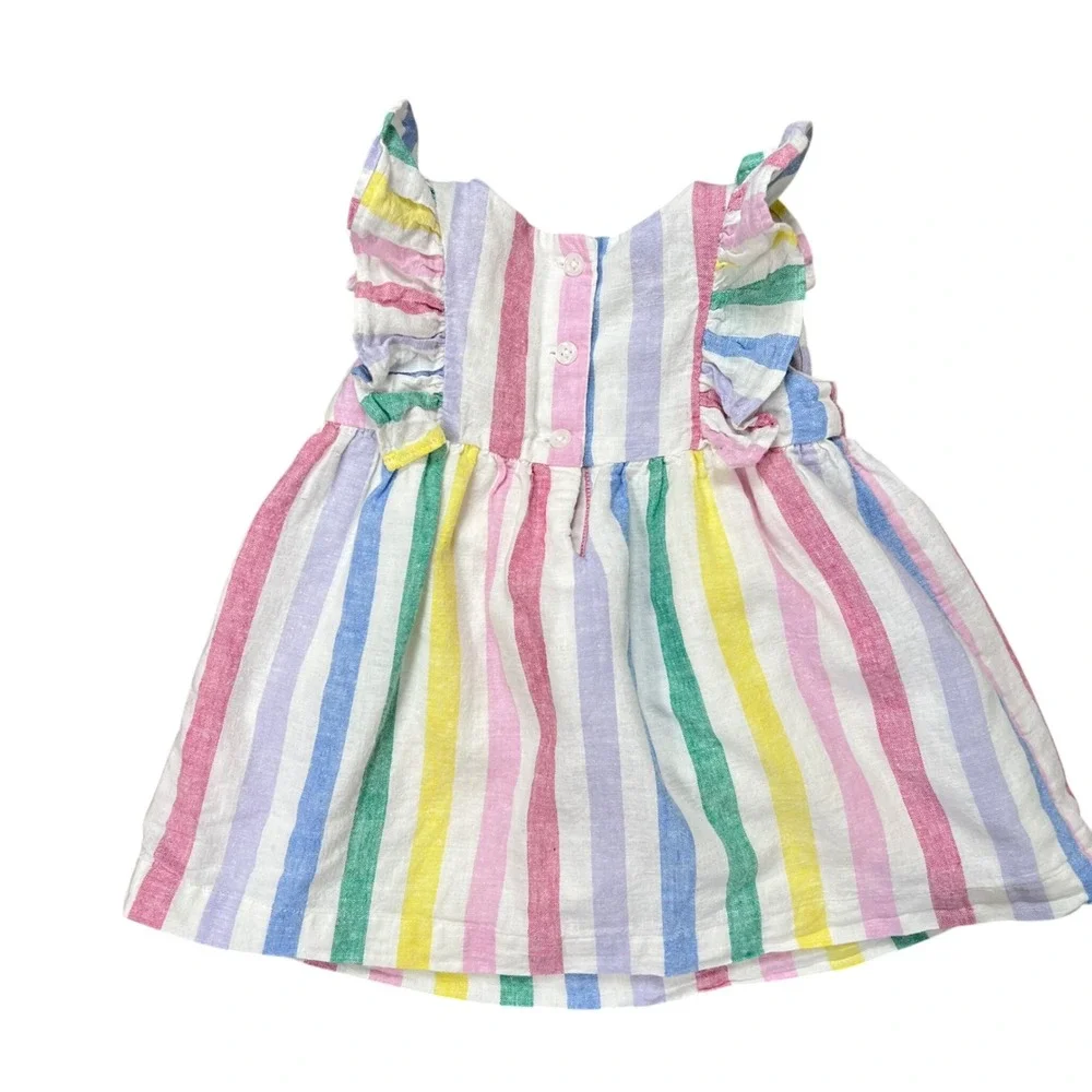 Baby Gap Kids 6-12M Linen Cotton Pastel Stripe Ruffle Sleeve Dress Coastal